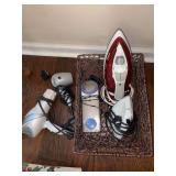 Grouping of irons, clothes shaver (lint remover), blow dryers
