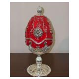 Gorgeous vintage (2002) Wallace red enamel & silver-plate hinged musical Nativity egg - working condition and plays Silent Night - 8-1/2” tall