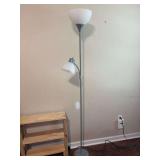 Silver 72-inch combo floor lamp featuring an upward-facing torchiere light and an adjustable flexible arm reading lamp with white frosted shades - shades are plastic