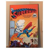 Decorative wood wall art features the classic 1941 vintage cover of Superman #8, complete with its iconic red-and-blue typography and action-packed illustration - 13 x 19-1/4