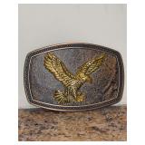 CLASSICO Italia (A347) vintage two-tone rectangular belt buckle with a raised gold-toned soaring eagle design against a textured bronze background - 4-1/4 x 3