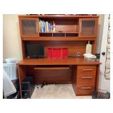 Wooden computer desk featuring an detachable upper hutch, a rich brown finish, upper ribbed glass doors, keyboard tray and 3 side drawers - OTHER CONTENTS NOT INCLUDED