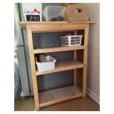 Handcrafted small bookshelf and contents - lightbulbs, long wand utility lighters, alarm clock - 30 x 12 x 37