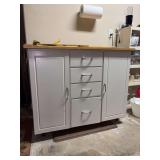Drop leaf portable butcher block top island cabinet and contents - needs some TLC - 43-1/4 x 22-1/4 x 35-1/2 tall - leaf is 10-3/4
