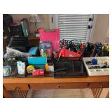 Very large grouping of office supplies - desktop trays, file organizer, pens, staples and more