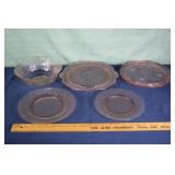 5 etched pink Depression glass servers; as is
