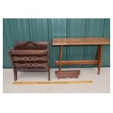 Small pine table, magazine rack, wall shelf; as is