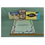4 vintage board games: Monopoly, Rack-o, Yahtzee;