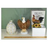Egg shaped jar with plate, eagle, chicken; as is
