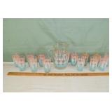 MCM stenciled glass 14pc iced tea service; as is
