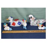 3 pottery clowns, pottery duck, wood swan; as is