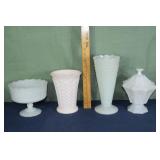 4 large milk glass table wares; as is