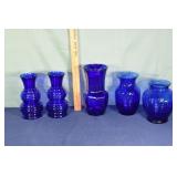 5 cobalt glass vases, tallest 9.5"h; as is