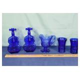 5 cobalt glass table wares: 2 violin bottles, Avon
