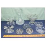9 clear glass table wares: ships decanter, 2 candl