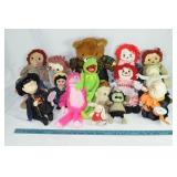 15 plush dolls, tallest 18"; as is