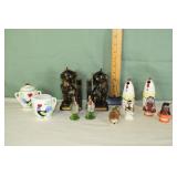 Pottery group: black cat bookends, 6 salt & pepper