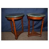 2 mahogany finish wood and green marble trifid bas