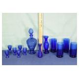 13pcs cobalt glass: 11" wine decanter and 6 cups,