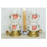 Pair of milk glass and metal based boudoir lamps,