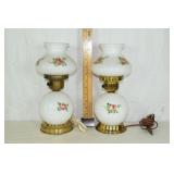Pair of milk glass floral decorated table lamps, 1