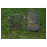 2 vintage wrought iron and wire mesh patio chairs;