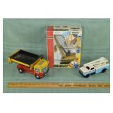 3 vintage die cast metal vehicle models: dump truc