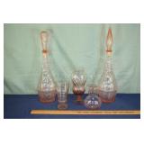 Pink Depression glass: 2 wine decanters, 2 vases,
