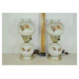 Pair of floral decorated satin glass and metal tab