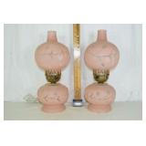 Pair of pink satin glass table lamps with clear fl