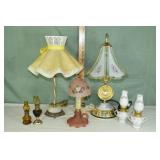 7 assorted table lamps: vintage pink satin glass,