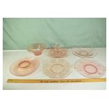 6 pink Depression glass servers; as is