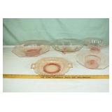5 etched pink Depression glass servers; as is