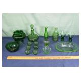 16 green glass table wares: Italian wine decanter