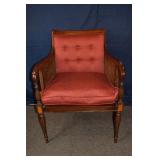 Carved mahogany, cane and upholstered arm chair, 2