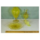 4 pcs yellow colored glass: hobnail shoe, 11" vase