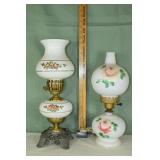 2 floral decorated milk glass and metal table lamp