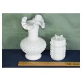2 Fenton hobnail milk glass objects: 10" ruffled r