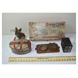Lot: box camera, train coach lunch pale, erector s