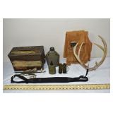Lot: ammo can, shooting vest, antlers, gear; as is