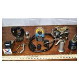 Trailer hitch parts, oil cans, 4 casters; as is