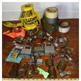 Collection of pad locks, caution tape, etc.; as is