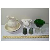 Lot: McCoy pitcher and wash bowl, green glass insu
