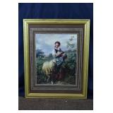 Framed print of girl with sheep, 25x32"h; as is