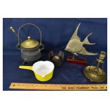 Metal lot: cast iron enamel sauce pan, smudge pot