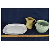 Lot: yellow ware pitcher, pottery jardiniere, Iron