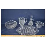 5 Fostoria American pattern table wares: cruet, cr