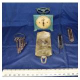4 old spring scales and 6 skeleton keys; as is