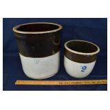 2 stoneware crocks: damaged 5gal and 2gal; as is