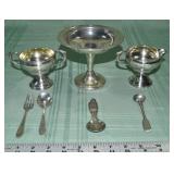 3 pcs sterling weighted holloware, 4 small utensil